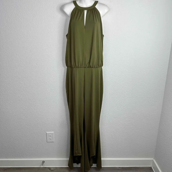 Boston Proper Jumpsuit Women's‎ Size 14 Green Halter Sleeveless Wide Leg Palazzo - Picture 1 of 10
